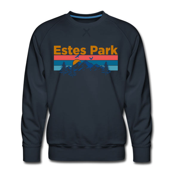 Premium Estes Park, Colorado Sweatshirt - Retro Mountain & Birds Premium Men's Estes Park Sweatshirt - navy