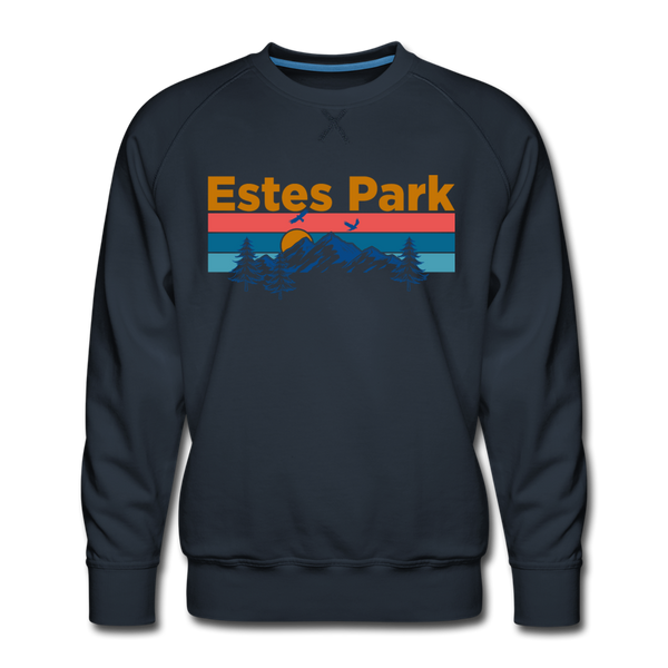 Premium Estes Park, Colorado Sweatshirt - Retro Mountain & Birds Premium Men's Estes Park Sweatshirt - navy
