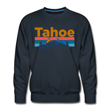 Premium Lake Tahoe, California Sweatshirt - Retro Mountain & Birds Premium Men's Lake Tahoe Sweatshirt - navy