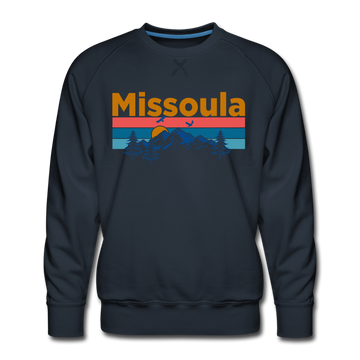 Premium Missoula, Montana Sweatshirt - Retro Mountain & Birds Premium Men's Missoula Sweatshirt - navy