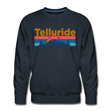 Premium Telluride, Colorado Sweatshirt - Retro Mountain & Birds Premium Men's Telluride Sweatshirt - navy