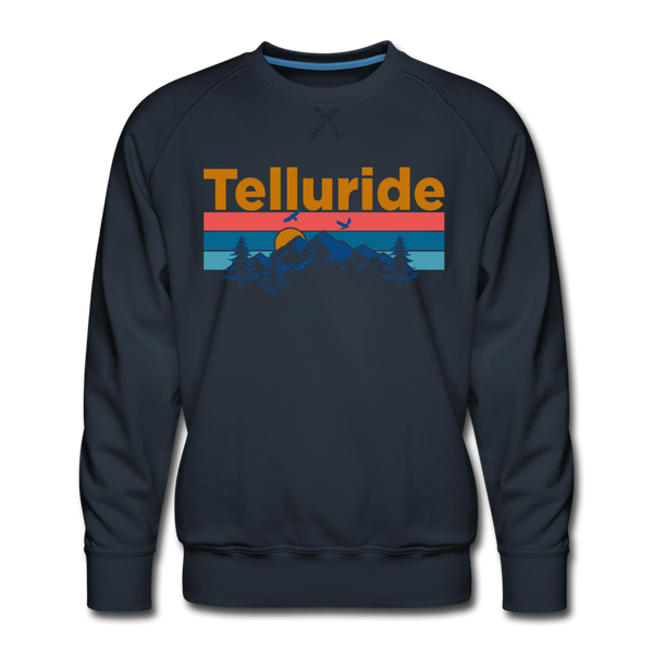 Premium Telluride, Colorado Sweatshirt - Retro Mountain & Birds Premium Men's Telluride Sweatshirt - navy