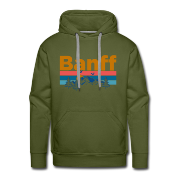 Premium Banff, Canada Hoodie - Retro Mountain & Birds Premium Men's Banff Sweatshirt / Hoodie - olive green
