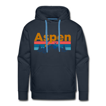 Premium Aspen, Colorado Hoodie - Retro Mountain & Birds Premium Men's Aspen Sweatshirt / Hoodie - navy