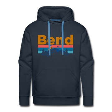 Premium Bend, Oregon Hoodie - Retro Mountain & Birds Premium Men's Bend Sweatshirt / Hoodie - navy