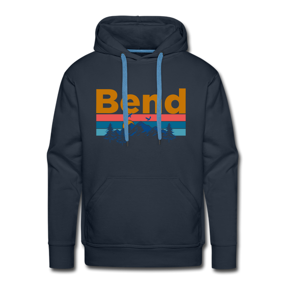 Premium Bend, Oregon Hoodie - Retro Mountain & Birds Premium Men's Bend Sweatshirt / Hoodie - navy