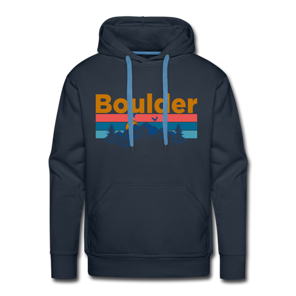 Premium Boulder, Colorado Hoodie - Retro Mountain & Birds Premium Men's Boulder Sweatshirt / Hoodie - navy