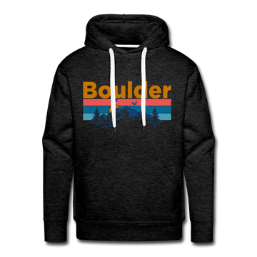 Premium Boulder, Colorado Hoodie - Retro Mountain & Birds Premium Men's Boulder Sweatshirt / Hoodie - charcoal grey