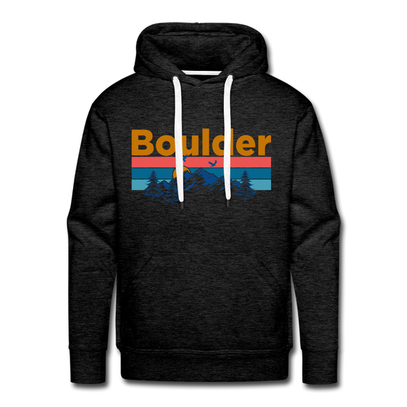 Premium Boulder, Colorado Hoodie - Retro Mountain & Birds Premium Men's Boulder Sweatshirt / Hoodie - charcoal grey