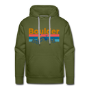 Premium Boulder, Colorado Hoodie - Retro Mountain & Birds Premium Men's Boulder Sweatshirt / Hoodie - olive green