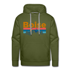 Premium Boise, Idaho Hoodie - Retro Mountain & Birds Premium Men's Boise Sweatshirt / Hoodie - olive green