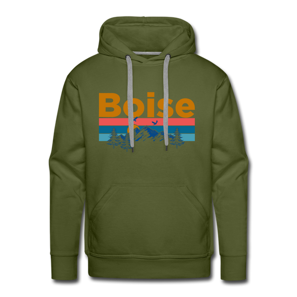 Premium Boise, Idaho Hoodie - Retro Mountain & Birds Premium Men's Boise Sweatshirt / Hoodie - olive green