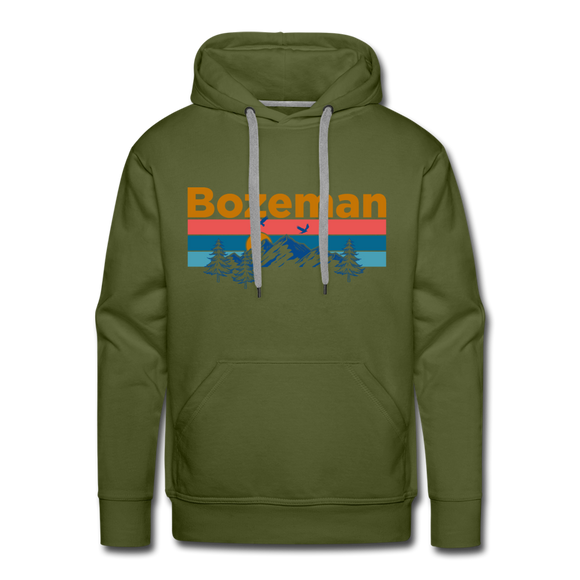 Premium Bozeman, Montana Hoodie - Retro Mountain & Birds Premium Men's Bozeman Sweatshirt / Hoodie - olive green