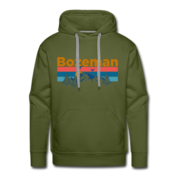 Premium Bozeman, Montana Hoodie - Retro Mountain & Birds Premium Men's Bozeman Sweatshirt / Hoodie - olive green