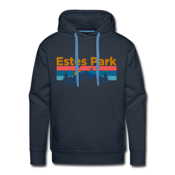 Premium Estes Park, Colorado Hoodie - Retro Mountain & Birds Premium Men's Estes Park Sweatshirt / Hoodie - navy