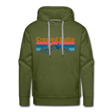 Premium Crested Butte Hoodie - Retro Mountain & Birds Premium Men's Crested Butte Sweatshirt / Hoodie - olive green