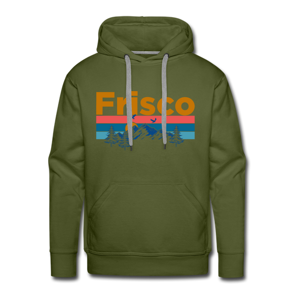 Premium Frisco, Colorado Hoodie - Retro Mountain & Birds Premium Men's Frisco Sweatshirt / Hoodie - olive green