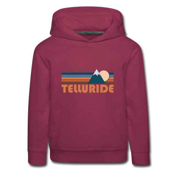 Telluride, Colorado Youth Hoodie - Retro Mountain Youth Telluride Hooded Sweatshirt - burgundy