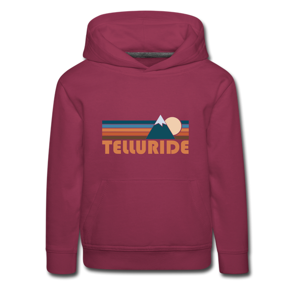 Telluride, Colorado Youth Hoodie - Retro Mountain Youth Telluride Hooded Sweatshirt - burgundy
