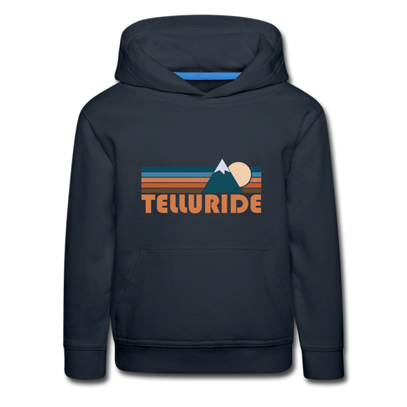 Telluride, Colorado Youth Hoodie - Retro Mountain Youth Telluride Hooded Sweatshirt - navy