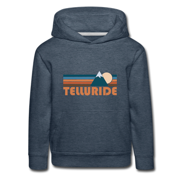 Telluride, Colorado Youth Hoodie - Retro Mountain Youth Telluride Hooded Sweatshirt - heather denim