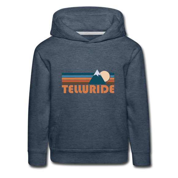 Telluride, Colorado Youth Hoodie - Retro Mountain Youth Telluride Hooded Sweatshirt - heather denim