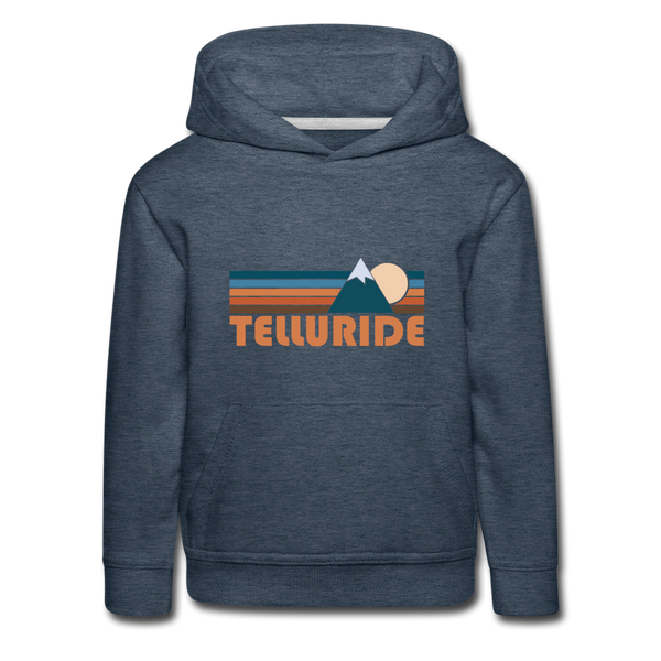 Telluride, Colorado Youth Hoodie - Retro Mountain Youth Telluride Hooded Sweatshirt - heather denim
