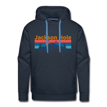 Premium Jackson Hole, Wyoming Hoodie - Retro Mountain & Birds Premium Men's Jackson Hole Sweatshirt / Hoodie - navy