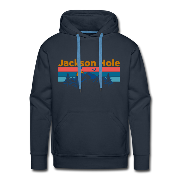 Premium Jackson Hole, Wyoming Hoodie - Retro Mountain & Birds Premium Men's Jackson Hole Sweatshirt / Hoodie - navy