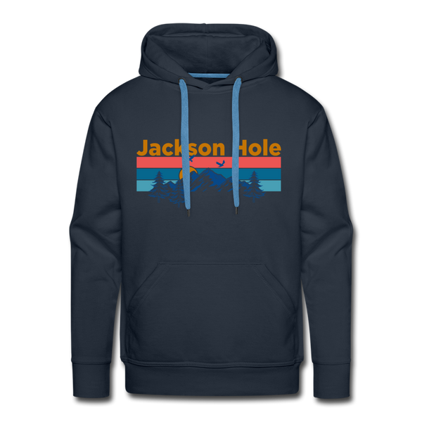 Premium Jackson Hole, Wyoming Hoodie - Retro Mountain & Birds Premium Men's Jackson Hole Sweatshirt / Hoodie - navy