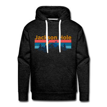 Premium Jackson Hole, Wyoming Hoodie - Retro Mountain & Birds Premium Men's Jackson Hole Sweatshirt / Hoodie - charcoal grey