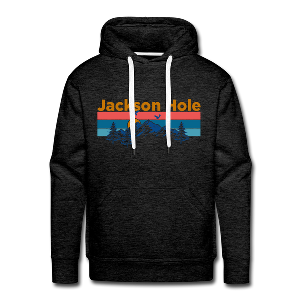 Premium Jackson Hole, Wyoming Hoodie - Retro Mountain & Birds Premium Men's Jackson Hole Sweatshirt / Hoodie - charcoal grey