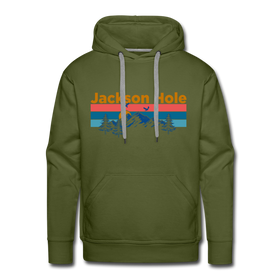 Premium Jackson Hole, Wyoming Hoodie - Retro Mountain & Birds Premium Men's Jackson Hole Sweatshirt / Hoodie - olive green