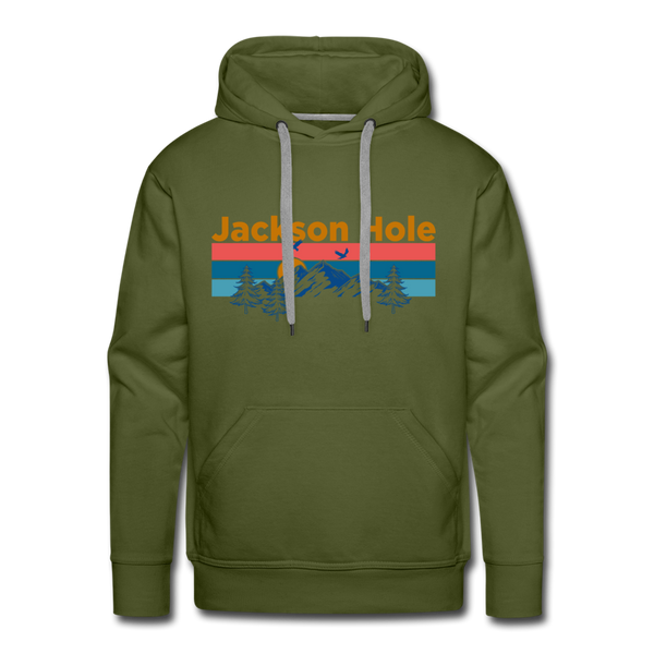Premium Jackson Hole, Wyoming Hoodie - Retro Mountain & Birds Premium Men's Jackson Hole Sweatshirt / Hoodie - olive green