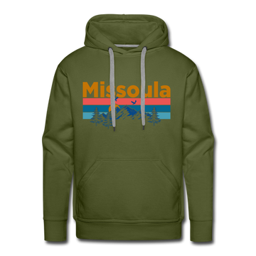 Premium Missoula, Montana Hoodie - Retro Mountain & Birds Premium Men's Missoula Sweatshirt / Hoodie - olive green