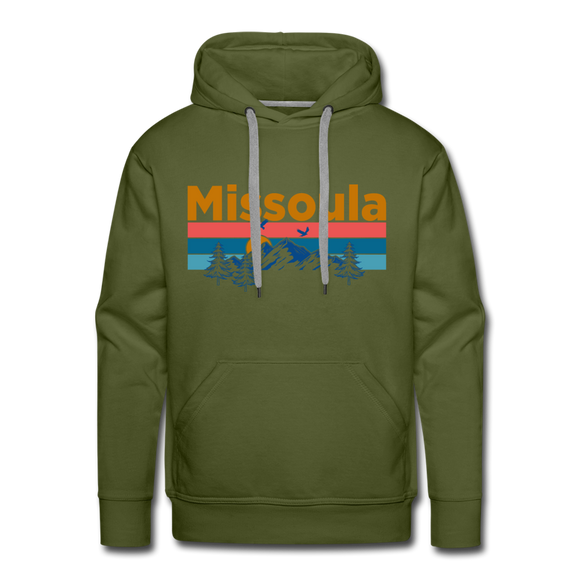 Premium Missoula, Montana Hoodie - Retro Mountain & Birds Premium Men's Missoula Sweatshirt / Hoodie - olive green