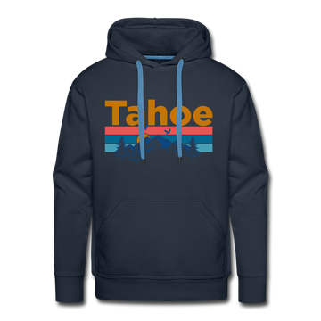 Premium Lake Tahoe, California Hoodie - Retro Mountain & Birds Premium Men's Lake Tahoe Sweatshirt / Hoodie - navy