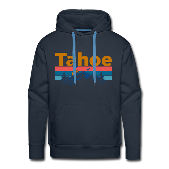 Premium Lake Tahoe, California Hoodie - Retro Mountain & Birds Premium Men's Lake Tahoe Sweatshirt / Hoodie - navy
