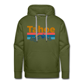 Premium Lake Tahoe, California Hoodie - Retro Mountain & Birds Premium Men's Lake Tahoe Sweatshirt / Hoodie - olive green