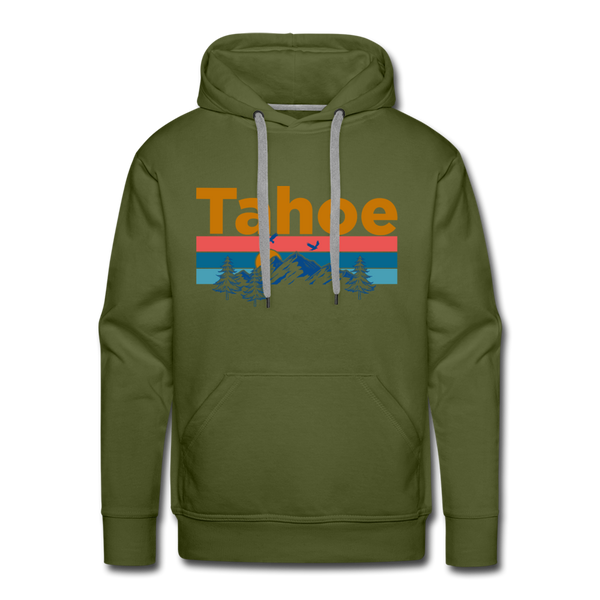 Premium Lake Tahoe, California Hoodie - Retro Mountain & Birds Premium Men's Lake Tahoe Sweatshirt / Hoodie - olive green