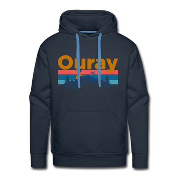 Premium Ouray, Colorado Hoodie - Retro Mountain & Birds Premium Men's Ouray Sweatshirt / Hoodie - navy