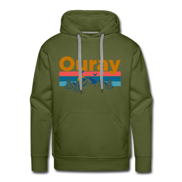 Premium Ouray, Colorado Hoodie - Retro Mountain & Birds Premium Men's Ouray Sweatshirt / Hoodie - olive green