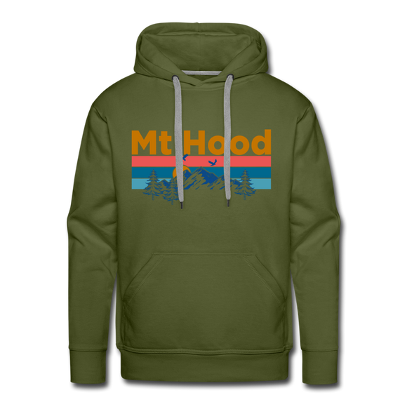 Premium Mt Hood, Oregon Hoodie - Retro Mountain & Birds Premium Men's Mt Hood Sweatshirt / Hoodie - olive green