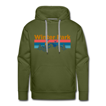 Premium Winter Park, Colorado Hoodie - Retro Mountain & Birds Premium Men's Winter Park Sweatshirt / Hoodie - olive green
