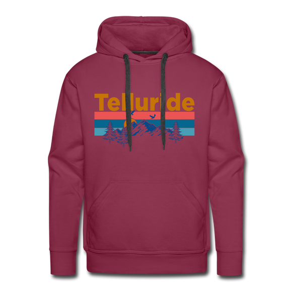 Premium Telluride, Colorado Hoodie - Retro Mountain & Birds Premium Men's Telluride Sweatshirt / Hoodie - burgundy