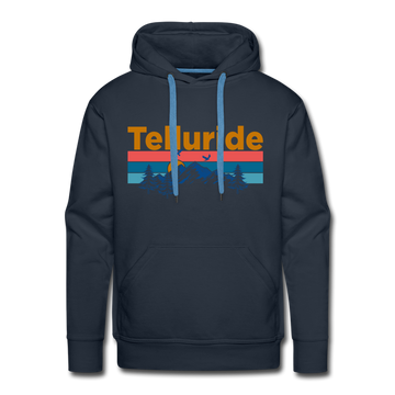 Premium Telluride, Colorado Hoodie - Retro Mountain & Birds Premium Men's Telluride Sweatshirt / Hoodie - navy