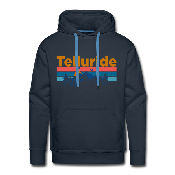 Premium Telluride, Colorado Hoodie - Retro Mountain & Birds Premium Men's Telluride Sweatshirt / Hoodie - navy