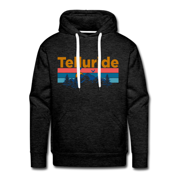 Premium Telluride, Colorado Hoodie - Retro Mountain & Birds Premium Men's Telluride Sweatshirt / Hoodie - charcoal grey