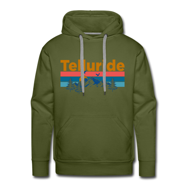Premium Telluride, Colorado Hoodie - Retro Mountain & Birds Premium Men's Telluride Sweatshirt / Hoodie - olive green