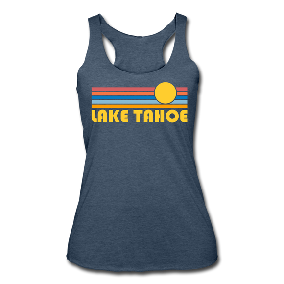 Lake Tahoe, California Tank Top - Retro Sun Women’s Lake Tahoe Tri-Blend Racerback Tank - heather navy
